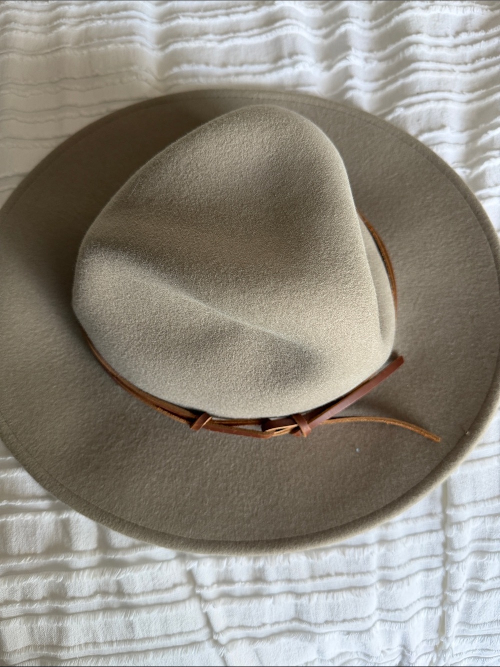 Wide Brim Felt Fedora with Leather Band - Taupe